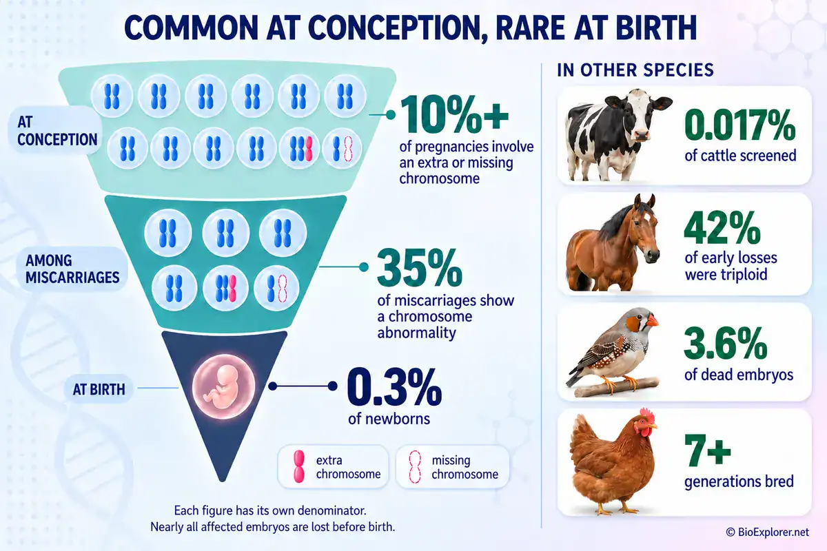 Aneuploidy is common at conception and rare at birth Funnel diagram: chromosome errors affect 10 percent or more of pregnancies, 35 percent of miscarriages and 0.3 percent of newborns