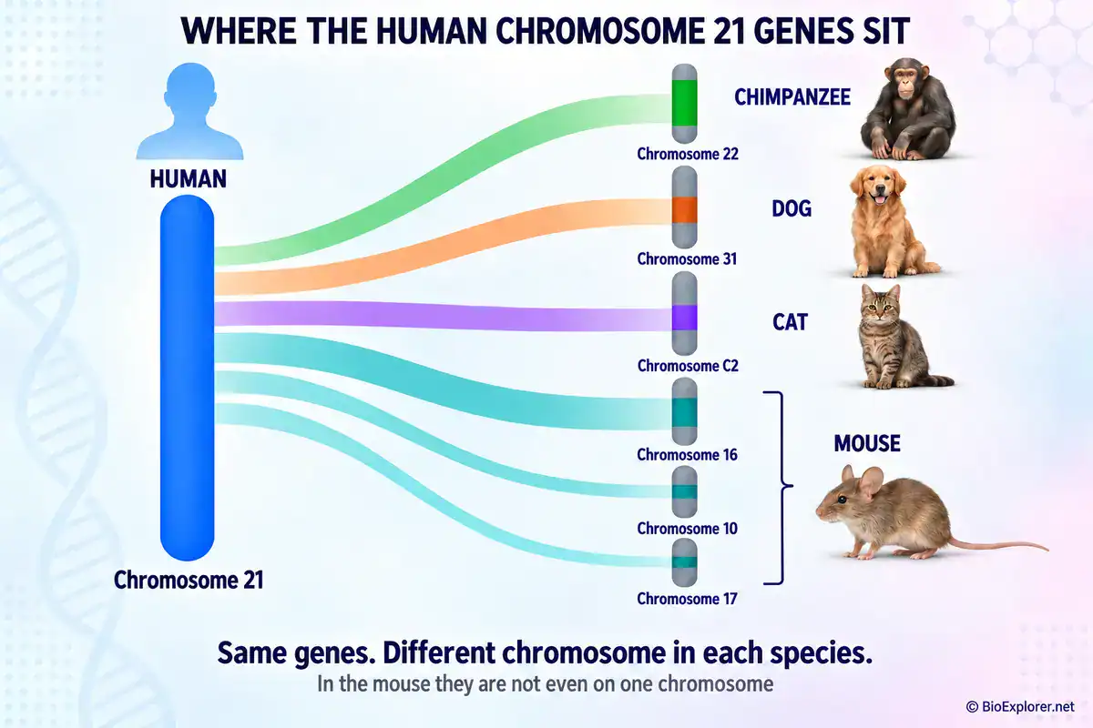 Where the human chromosome 21 genes sit in other species Where human chromosome 21 genes sit in other animals: chimpanzee 22, dog 31, cat C2 and mouse chromosomes 10, 16 and 17