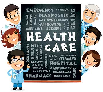 A cartoon-style digital illustration of five cheerful healthcare professionals surrounding a large blackboard. The blackboard prominently displays the words HEALTH CARE in bold white letters, along with various medical-related terms such as emergency, hospital, diagnostic, vaccination, surgery, pharmacy, and types of doctors scattered in different font sizes=