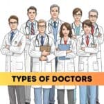 A digitally illustrated group of eight medical professionals, including men and women, standing in a formal pose against a plain white background. They are wearing white lab coats, some with stethoscopes around their necks, while others hold clipboards. The group appears diverse in age and gender, with professional expressions. A yellow-orange banner at the bottom of the image features bold black text that reads TYPES OF DOCTORS.