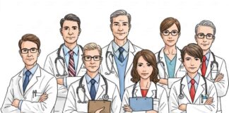 A digitally illustrated group of eight medical professionals, including men and women, standing in a formal pose against a plain white background. They are wearing white lab coats, some with stethoscopes around their necks, while others hold clipboards. The group appears diverse in age and gender, with professional expressions. A yellow-orange banner at the bottom of the image features bold black text that reads TYPES OF DOCTORS.