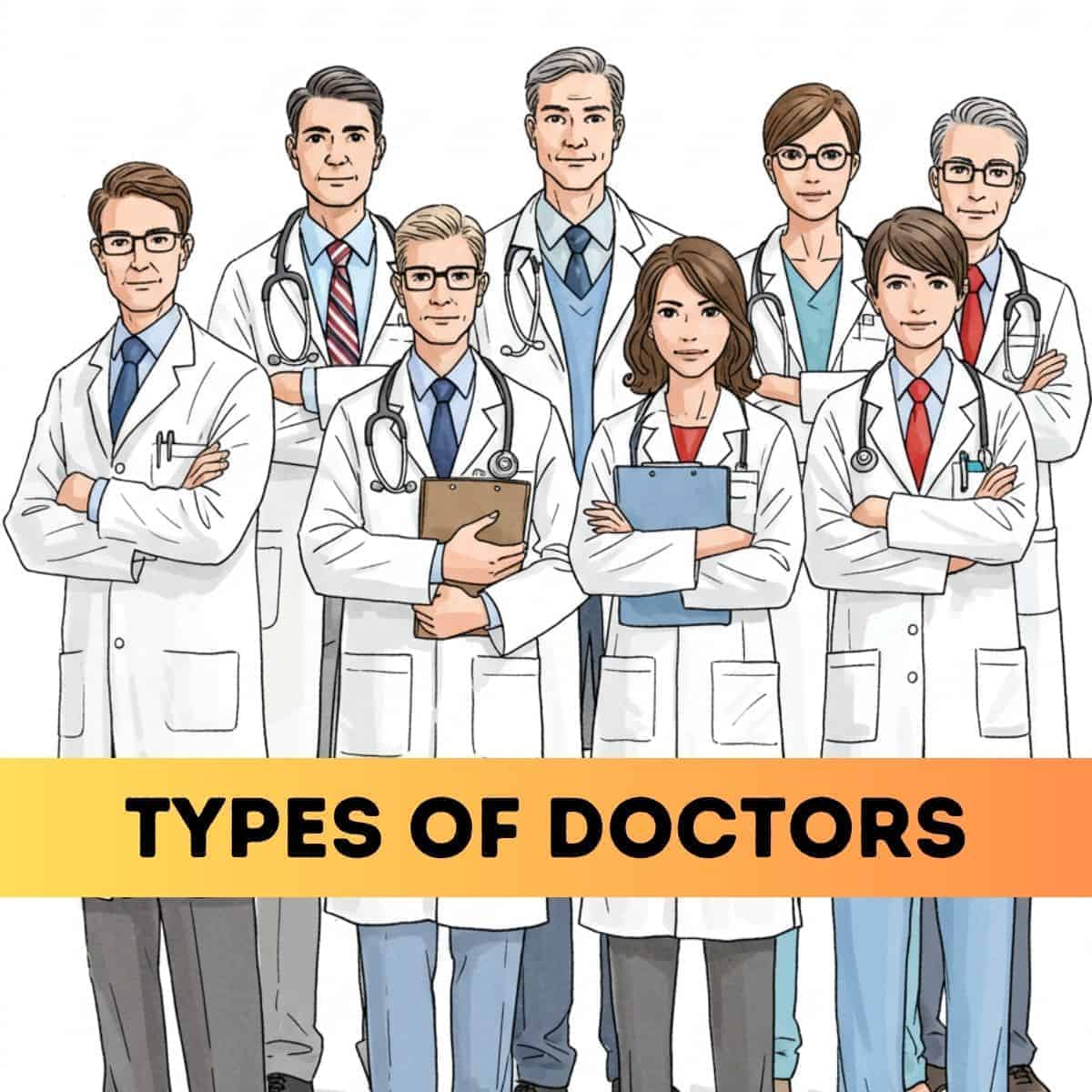 A digitally illustrated group of eight medical professionals, including men and women, standing in a formal pose against a plain white background. They are wearing white lab coats, some with stethoscopes around their necks, while others hold clipboards. The group appears diverse in age and gender, with professional expressions. A yellow-orange banner at the bottom of the image features bold black text that reads TYPES OF DOCTORS.